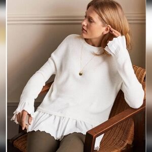 BODEN Catherine Woven Fluffy Sweater Jumper Ivory Ruffle Sleeve Oversized Sz 10